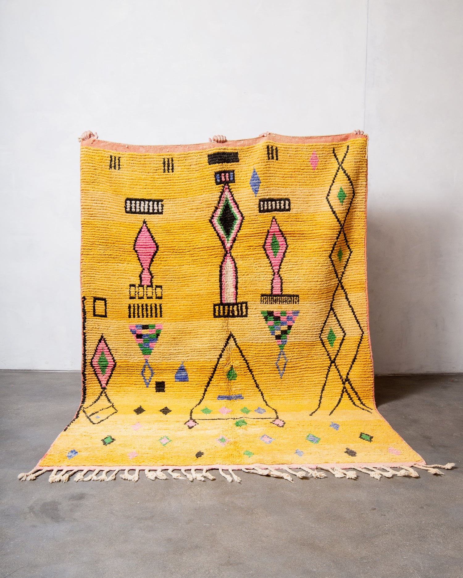 Modern, designer, handcrafted Berber rug from Morocco. Vintage carpet with beautiful colours and patterns and fluffy texture.